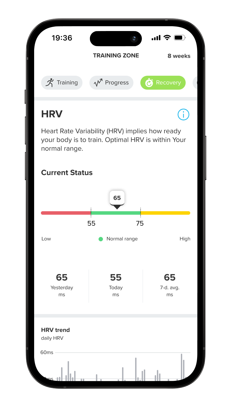 Suunto app visually represents your HRV recovery status as a bar indicator, offering insights into your recovery.